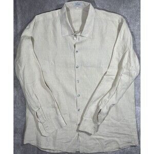 M & E Linen Shirt Men’s XL 100% Lino Beige Button Up Long Sleeve Made In Italy